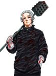  1boy black_jacket blood blood_on_clothes blood_on_face blood_on_hands blood_on_weapon expressionless gaku_(sakamoto_days) hair_slicked_back hand_in_pocket highres holding holding_weapon jacket looking_at_viewer male_focus mito_sk_day red_eyes sakamoto_days simple_background solo standing weapon white_hair 