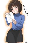  1girl :d amagami artist_name black_eyes black_skirt blue_shirt blue_sweater blunt_bangs blush bob_cut breasts brown_hood commentary cowboy_shot drawing gradient_background grin hair_strand head_tilt holding holding_drawing holding_paper long_sleeves messy_hair mori_heichi musical_note orange_background pajamas paper partially_colored pink_nails quarter_note shirt showing signature skirt small_breasts smile solo spoken_musical_note standing sweater tachibana_miya teeth translated turtleneck turtleneck_sweater two-tone_background white_background 