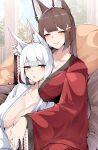  2girls absurdres amagi_(azur_lane) animal_ears azur_lane blue_eyes blush breast_rest breasts breasts_on_head brown_hair cleavage day eyeshadow fox_ears fox_girl fox_tail grin hair_between_eyes hair_ornament half-closed_eyes hand_on_another&#039;s_chest hand_up head_on_chest highres indoors japanese_clothes kaga_(azur_lane) kimono kitsune large_breasts leaning_on_person long_hair looking_at_viewer makeup medium_hair multiple_girls multiple_tails no_bra purple_eyes red_eyeshadow red_kimono rubbing_ears samip smile tail undressing very_long_hair white_hair white_kimono wide_sleeves yuri 
