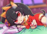  1girl 1other ashley_(warioware) bed bed_sheet black_hair dress heart heart-shaped_pupils highres long_hair looking_at_viewer lying mushroom on_side open_mouth pillow red_dress red_eyes short_dress stuffed_toy symbol-shaped_pupils thigh_strap thighs tokkyuu_mikan twintails very_long_hair warioware 
