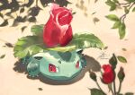  day fadingz flower ivysaur no_humans outdoors plant pokemon pokemon_(creature) red_eyes rose shadow signature 