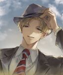  1boy blonde_hair blue_eyes cloud collared_shirt day fedora formal grey_headwear grey_jacket grey_suit half-closed_eyes hand_on_headwear hat highres holostars jacket kishido_temma looking_at_viewer male_focus mstarsgasuki necktie official_alternate_costume parted_bangs parted_lips red_necktie shirt short_hair smile solo striped_necktie suit suit_jacket teeth upper_body upper_teeth_only virtual_youtuber white_shirt 