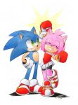  1boy 1girl alternate_costume amy_rose boxing_gloves closed_eyes dated finik gloves highres shoes simple_background sonic_(series) white_background white_gloves 