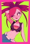  1girl arm_behind_head artist_name big_hair crop_top denim flannery_(pokemon) frankgallaxx green_background highres jeans leaning_to_the_side midriff navel open_mouth outline pants panty_straps pink_outline pokemon pokemon_(game) pokemon_oras red_eyes red_hair sweat 