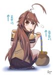  1girl ahoge akashieru arrow_(symbol) brown_eyes brown_hair brown_sailor_collar brown_skirt commentary_request eating from_behind highres honey honeypot huge_ahoge jar kantai_collection kuma_(kancolle) kuma_kai_ni_(kancolle) long_hair looking_at_viewer looking_back one-hour_drawing_challenge orange_shirt sailor_collar school_uniform serafuku shirt skirt solo squatting translation_request 