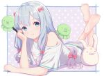  1girl absurdres ass barefoot blue_eyes blue_panties bow clothes_writing eromanga_sensei feet hair_bow hand_on_own_cheek hand_on_own_face highres izumi_sagiri leg_up legs long_hair looking_at_viewer low-tied_long_hair lying no_pants off_shoulder on_stomach panties ribbon shirt short_sleeves soles solo stuffed_toy tansui_san_(tcjp4784) toes underwear white_hair white_shirt 