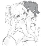  2girls akagi_miria ass bikini breasts fang flamberge_lo greyscale hair_between_eyes idolmaster idolmaster_cinderella_girls jougasaki_rika long_hair micro_bikini monochrome multiple_girls short_hair skin_fang small_breasts swimsuit twintails white_background 