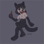  ambiguous_gender anthro belly_nipples black_body black_fur blood blood_on_face blood_on_weapon bodily_fluids breasts canid canine canis clown_makeup darkcyndoge domestic_dog facial_piercing fur gynomorph hi_res intersex karambit knife mammal nipples nose_piercing piercing pinky_(darkcyndoge) septum_piercing small_breasts solo weapon 