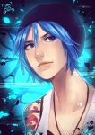  1girl artist_name beanie black_headwear blue_eyes blue_hair chloe_price hat jewelry life_is_strange little-miss-boxie looking_to_the_side necklace portrait short_hair shoulder_tattoo solo tank_top tattoo white_tank_top 
