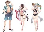  1boy 2girls abs absurdres bag bikini black_bikini black_footwear black_hair blue_shorts bracelet braided_hair_rings breasts bridal_garter brown_eyes brown_hair cocktail criss-cross_halter cup eyewear_on_head food frilled_bikini frills full_body grey_hair hair_ribbon hakase_fuyuki halterneck hand_on_own_hip hat hawaiian_shirt high_ponytail highres holding holding_cup holding_innertube ice_cream ice_cream_float innertube jewelry kagami_hayato large_breasts long_hair multicolored_hair multiple_girls myske_(myst34415756) necklace nijisanji open_clothes open_shirt pink_bikini pink_eyes pink_footwear red_eyes ribbon salute sandals shawl shirt shorts shoulder_bag simple_background smc-gumi_(nijisanji) standing standing_on_one_leg straw_hat streaked_hair sun_hat sunglasses swimsuit thigh_strap tress_ribbon two-tone_hair virtual_youtuber white_background white_hair yorumi_rena 