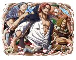  4boys belt ben_beckman black_cape brown_belt brown_hair cape character_request crossed_arms game_cg grey_hair male_focus medium_hair multiple_boys official_art one_piece one_piece_treasure_cruise red_hair shanks_(one_piece) shirt tattoo teeth white_shirt yasopp 