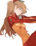 1girl blue_eyes bodysuit breasts brown_hair highres horikwawataru long_hair looking_at_viewer multicolored_bodysuit multicolored_clothes neon_genesis_evangelion orange_bodysuit outstretched_arms plugsuit red_bodysuit simple_background solo souryuu_asuka_langley white_background 