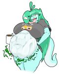  2023 anthro body_outline clothing digital_media_(artwork) fairyfud female female_pred green_hair hair hi_res long_hair one_eye_closed rose_(fairyfud) scalie simple_background text text_on_clothing tongue tongue_out vore white_background 