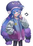  1girl absurdres adjusting_eyewear ahoge argyle_pantyhose black_pantyhose blue_eyes blue_hair blue_jacket blunt_bangs blush cowboy_shot eel_hat glasses gradient_jacket hair_ornament hairclip hand_in_pocket hand_up highres initial jacket letterman_jacket long_hair looking_at_viewer low_twintails open_clothes open_jacket open_mouth otomachi_una otomachi_una_(talkex) pantyhose pink_jacket pleated_skirt poyopoyo_(poyo_mega181) purple_hair purple_shirt purple_skirt red-framed_eyewear semi-rimless_eyewear shirt skirt smile solo standing talkex twintails very_long_hair vocaloid white_sleeves 