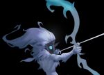  1girl aiming arrow_(projectile) black_background body_fur bow_(weapon) fezzleoni from_side green_eyes holding holding_arrow holding_bow_(weapon) holding_weapon horned_mask kindred_(league_of_legends) lamb_(league_of_legends) league_of_legends long_hair mask solo upper_body weapon white_fur white_hair 