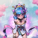  1girl angry bare_shoulders blue_hair blunt_bangs blush breasts cleavage clenched_teeth collarbone cowboy_shot detached_sleeves evelynn_(league_of_legends) japanese_clothes kimono large_breasts medium_hair official_alternate_costume outdoors phantom_ix_row pink_eyes pointy_ears shiny_skin short_kimono solo spirit_blossom_evelynn teeth trembling white_kimono white_sleeves 