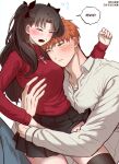  1boy 1girl absurdres black_hair black_skirt black_thighhighs blush closed_eyes emiya_shirou fate/stay_night fate_(series) highres hug jewelry korean_text moina necklace open_mouth orange_hair red_shirt shirt skirt speech_bubble thighhighs tohsaka_rin white_background 