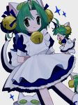  1girl animal_ears animal_hat antenna_hair apron bell blue_dress cat_ears cat_hat cat_tail chibi dejiko di_gi_charat dress frilled_dress frills green_eyes green_hair hair_bell hair_ornament hat highres looking_at_viewer maid_apron paw_shoes pepeppepe101 puffy_short_sleeves puffy_sleeves short_hair short_sleeves smile tail white_apron white_mittens 