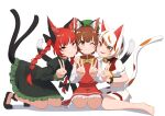  3girls absurdres animal_ear_fluff animal_ears asakura_haru bare_legs barefoot black_bow black_footwear bow breasts brown_eyes brown_hair cat_ears cat_girl cat_tail chen commentary_request double_v dress earrings goutokuji_mike green_dress hair_bow hair_ribbon hand_up hands_up highres jewelry juliet_sleeves kaenbyou_rin light_blush light_smile long_sleeves looking_at_viewer multicolored_hair multiple_girls multiple_tails nekomata no_socks orange_eyes puffy_sleeves red_hair ribbon seiza shadow short_hair single_earring sitting slit_pupils small_breasts straight-on streaked_hair tail textless_version toes touhou tress_ribbon two_tails v yuri 
