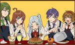  2boys 3girls ahoge alcohol angela_(project_moon) apron black_apron blue_eyes brown_eyes brown_hair burger champagne champagne_flute closed_mouth cup cupcake drinking_glass food green_hair hairband highres hod_(project_moon) holding holding_tray lobotomy_corporation lobotomy_corporation_logo long_hair malkuth_(project_moon) mu46016419 multiple_boys multiple_girls necktie netzach_(project_moon) one_side_up project_moon purple_hair purple_necktie red_hairband red_necktie short_hair smile tray very_long_hair yellow_background yellow_eyes yesod_(project_moon) 