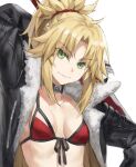  1girl bikini black_jacket blonde_hair braid breasts clarent_(fate) collar collarbone fate/apocrypha fate/grand_order fate_(series) french_braid green_eyes highres jacket long_hair long_sleeves looking_at_viewer mordred_(fate) mordred_(fate/apocrypha) open_clothes open_jacket parted_bangs ponytail red_bikini sidelocks small_breasts smile solo swimsuit sword tonee weapon 