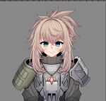  1girl armor blue_eyes blush breastplate closed_mouth goddess_of_victory:_nikke grey_background jewelry kuronekozero medium_hair military military_uniform necklace pinne_(nikke) short_ponytail shoulder_armor sidelocks simple_background smile solo uniform wavy_hair 