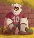  2022 anthro athletic athletic_anthro athletic_male bear black_nose blue_bottomwear blue_clothing blue_shorts bottomwear brick brick_wall clothing dirty dirty_socks footwear frown frown_eyebrows frowning_at_viewer fur grass green_sneakers hair hi_res jozzu leaf looking_at_viewer male mammal number number_on_clothing number_on_topwear number_print plant polar_bear red_clothing red_shirt red_topwear round_ears shadow shirt shoelaces shoes shoes_removed shorts sitting sitting_on_ground sneakers socks solo stroberto t-shirt topwear ursine wall_(structure) white_body white_fur white_hair yellow_sneakers 