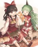  2girls aged_down bow brown_eyes brown_hair detached_sleeves dog green_hair hakurei_reimu highres holding komano_aunn long_skirt multiple_dogs multiple_girls nontraditional_miko pants red_bow red_skirt sasami_(shiroi_fuwafuwa) sitting skirt touhou white_pants white_sleeves 