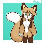  anthro averi_(fiddleafox) brown_body brown_fur canid canine dipstick_tail female female_anthro fox fur gloves_(marking) green_eyes hair leg_markings mammal markings simple_background socks_(marking) solo standing tail tail_markings unknown_artist white_body white_fur 