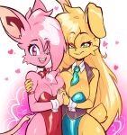  2023 anthro blonde_hair breasts cheek_tuft chest_tuft cleavage clothed clothing cuffs_(clothing) duo eye_through_hair eyebrow_through_hair eyebrows facial_tuft female female/female friends fur green_eyes hair hand_holding hand_on_arm hi_res jamoart katie_(jamoart) lagomorph leotard leporid long_hair looking_at_viewer mammal mathilda_(jamoart) medium_breasts mouse murid murine necktie pink_body pink_eyes pink_fur pink_hair rabbit red_bow_tie red_clothing red_leotard rodent scut_tail short_tail simple_background smile tail teal_clothing teal_necktie translucent translucent_hair tuft yellow_body yellow_fur 