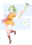  1girl ;d absurdres boots brown_footwear dress fire_emblem fire_emblem:_thracia_776 green_eyes green_hair hairband ham_pon highres holding holding_staff leg_up musical_note one_eye_closed orange_dress outstretched_arms red_hairband short_hair smile solo spoken_musical_note staff tina_(fire_emblem) 