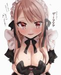  1girl apron black_gloves black_ribbon blush braid breasts brown_hair chigusa_minori cleavage commentary_request detached_sleeves gloves hair_between_eyes half_gloves heart heart-shaped_pupils highres kokoro_iroduku_koi_ga_shitai large_breasts long_hair low_twin_braids maid maid_apron maid_headdress mole mole_on_breast neck_ribbon parted_lips red_eyes ribbon shadow sidelocks simple_background solo symbol-shaped_pupils translation_request twin_braids upper_body white_apron white_background 