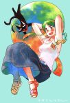  1girl animal bare_shoulders black_cat braid cat denim denim_skirt floating full_body green_eyes green_hair highres long_hair looking_at_viewer multicolored_hair oidemaseri open_mouth ramb_chop red_hair sandals seri_(oidemaseri) shirt skirt sleeveless sleeveless_shirt white_shirt 