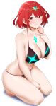  1girl absurdres arind_yudha bikini blush breasts cleavage closed_mouth collarbone earrings halterneck hand_on_own_chest highres jewelry kneeling large_breasts leaning_forward looking_at_viewer medium_hair pyra_(xenoblade) red_eyes red_hair simple_background sitting smile solo string_bikini swimsuit white_background xenoblade_chronicles_(series) xenoblade_chronicles_2 