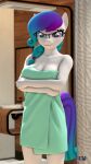  3d_(artwork) 9:16 anthro anthroponiessfm aurora_starling blue_eyes blue_hair braided_hair braided_ponytail crossed_arms digital_media_(artwork) earth_pony equid equine eyewear fan_character female glasses gradient_hair hair hasbro heterochromia hi_res horse mammal my_little_pony pony ponytail purple_eyes purple_hair standing towel 