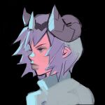  1girl black_background brigitte_(overwatch) closed_mouth commentary diadem eyeshadow frown goat_brigitte goat_horns grey_eyes grey_eyeshadow grey_lips horns kissingbrig looking_to_the_side makeup overwatch pointy_ears purple_hair shirt short_hair solo symbol-only_commentary turtleneck upper_body white_shirt 
