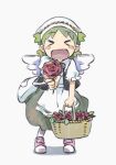  &gt;_&lt; 1girl :d alternate_costume apron basket black_dress blush closed_eyes dress facing_viewer flower full_body green_hair head_scarf holding holding_basket holding_flower incoming_gift koiwai_yotsuba marutei2 open_mouth quad_tails red_flower red_rose rose short_hair simple_background smile solo standing white_apron white_wings wings xd yotsubato! 