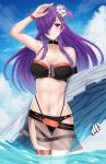  1girl bare_shoulders bikini black_bikini black_choker breasts choker cleavage doiparuni fire_emblem fire_emblem:_three_houses fire_emblem_heroes fire_emblem_warriors:_three_hopes flower hair_flower hair_ornament highres holding holding_surfboard large_breasts long_hair looking_at_viewer navel official_alternate_costume purple_eyes purple_hair shez_(female)_(fire_emblem) shez_(female)_(summer)_(fire_emblem) shez_(fire_emblem) solo stomach surfboard swimsuit toned white_flower 