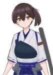  1girl black_hair blue_hakama brown_eyes closed_mouth hakama hakama_skirt highres japanese_clothes kaga_(kancolle) kantai_collection looking_at_viewer muneate ponytail porupurucha side_ponytail simple_background sketch skirt solo tasuki upper_body white_background 