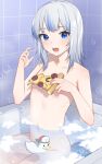  1girl backwards_hat bathtub bingsardina blue_eyes blue_hair completely_nude food gawr_gura hat highres holding holding_food holding_pizza hololive hololive_english looking_at_viewer multicolored_hair nude open_mouth pizza pizza_slice rubber_duck sharp_teeth solo streaked_hair subaru_duck teeth virtual_youtuber white_hair 