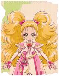  1girl artist_logo blonde_hair bow commentary_request dress earrings english_commentary eyelashes futari_wa_precure futari_wa_precure_max_heart green_eyes hair_bow hair_ornament happy heart heart_earrings jewelry kamikita_futago kujou_hikari long_hair looking_at_viewer magical_girl official_art paper_background partial_commentary pink_bow pink_dress precure shiny_luminous signature simple_background smile solo standing twintails watercolor_background 
