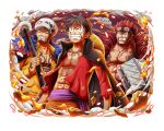  3boys abs black_cloak black_hair chest_tattoo clenched_teeth cloak eustass_kid fire game_cg goggles goggles_on_head hat holding holding_sword holding_weapon monkey_d._luffy multiple_boys official_art one_piece one_piece_treasure_cruise ootachi open_clothes open_shirt red_hair red_shirt shirt short_hair straw_hat sword tattoo teeth trafalgar_law upper_body weapon 