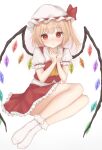  1girl absurdres bare_legs blonde_hair blush bobby_socks crystal d: flandre_scarlet flat_chest full-face_blush full_body gaden19 hands_up hat highres looking_at_viewer mob_cap one_side_up own_hands_together parted_lips puffy_short_sleeves puffy_sleeves red_eyes red_vest short_hair short_sleeves simple_background sitting skirt skirt_set socks solo touhou vest white_background wings yokozuwari 