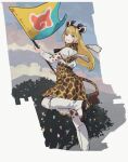  1girl animal_ears blonde_hair blunt_bangs boots brown_hair flag giraffe_ears giraffe_girl giraffe_horns giraffe_print giraffe_tail high-waist_skirt highres horns japari_symbol kemono_friends long_hair long_sleeves looking_back multicolored_hair pantyhose pleated_skirt print_pantyhose print_scarf print_skirt print_sleeves reticulated_giraffe_(kemono_friends) scarf shirt short_sleeves sidelocks skirt solo standing standing_on_one_leg t-shirt tail toki_reatle white_footwear white_hair white_pantyhose white_shirt white_sleeves 