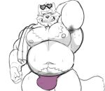 anthro armpit_hair belly blush bodily_fluids body_hair bulge clothing eyebrows grin heart_sunglasses hi_res lifewonders line_art live_a_hero male mammal mrookii musclegut navel nipples pecs procyonid raccoon smile solo speedo sweat swimwear thick_eyebrows towel viscunam 