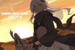  2017 2girls alternate_costume alternate_skin_color arabian_clothes arm_up backlighting black_robe black_scarf blonde_hair breasts bridal_gauntlets brown_robe circlet cleavage_cutout closed_mouth clothing_cutout commentary cowboy_shot crop_top dark-skinned_female dark_skin desert dutch_angle english_text floating_hair hair_tubes hand_on_own_hip happy_new_year light_purple_hair light_rays long_hair long_sleeves low-tied_long_hair midriff multiple_girls navel open_clothes open_robe orange_sky outdoors own_hands_together pants pelvic_curtain puffy_long_sleeves puffy_sleeves purple_eyes red_vest robe scarf shirt short_hair_with_long_locks sky small_breasts smile stomach sun sunbeam sunlight toromera tsurumaki_maki turban twilight veil very_long_hair vest vocaloid voiceroid waving white_pants white_shirt yuzuki_yukari 