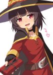  1girl :d belt black_choker black_cloak black_gloves black_hair blunt_bangs breasts brown_belt choker cloak collarbone commentary_request dress fingerless_gloves gloves hat heart kono_subarashii_sekai_ni_shukufuku_wo! looking_at_viewer megumin open_mouth outstretched_arm reaching_towards_viewer red_dress red_eyes short_hair_with_long_locks simple_background small_breasts smile solo umarutsufuri upper_body valentine white_background witch_hat 