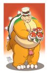  2023 anthro areola balls belly big_belly bowser clothing cute_fangs digital_media_(artwork) elemental_creature eyebrows flora_fauna genitals glans green_body hat hat_only headgear headgear_only headwear headwear_only horn humanoid_genitalia humanoid_penis koopa locofur male mario_bros moobs mostly_nude nintendo nipples obese obese_anthro obese_male overweight overweight_anthro overweight_male penis piranha_plant plant scalie shell smile solo spiked_shell spiked_tail spikes spikes_(anatomy) standing tail tan_body thick_thighs top_hat vein veiny_penis yellow_body 