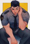  1boy absurdres bara black_necktie blush bulge erection erection_under_clothes feet_out_of_frame goatee_stubble hand_on_own_neck highres large_pectorals leaning_forward louis_tjxx male_focus muscular muscular_male necktie nervous_sweating original pectorals police police_uniform policeman raised_eyebrow short_hair shy sideburns sitting solo sweat thick_eyebrows two-tone_background undercut uniform 