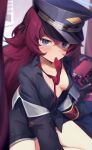  1girl absurdres armband black_coat black_headwear blue_archive blue_eyes blush breasts coat e_buki hair_between_eyes hat highres iroha_(blue_archive) long_hair long_sleeves medium_breasts peaked_cap red_armband red_hair safety_pin solo 